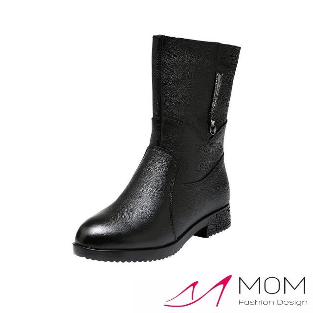 【MOM】真皮中筒靴 低跟中筒靴/真皮V型金屬寶石鑽飾低跟中筒靴(黑)