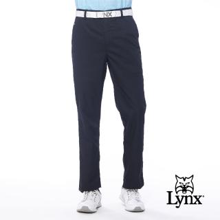 【Lynx Golf】男款彈性舒適口袋織帶設計素面款式平面休閒長褲(黑色)