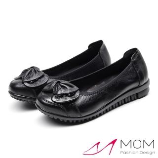【MOM】真皮頭層牛皮小圓頭扭結可愛蝴蝶結飾軟底舒適單鞋(黑)
