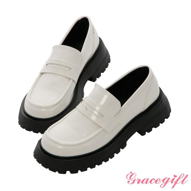 【Grace Gift】便仕鋸齒厚底樂福鞋(白漆)