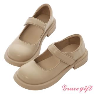 【Grace Gift】魔鬼氈厚底瑪莉珍鞋(卡其)