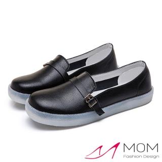 【MOM】真皮寬楦軟底細皮帶釦飾舒適護士鞋(黑)