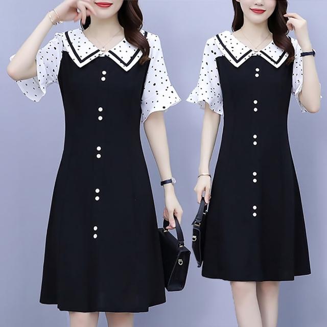 【麗質達人】5969黑白拼色假二件洋裝(特價商品)