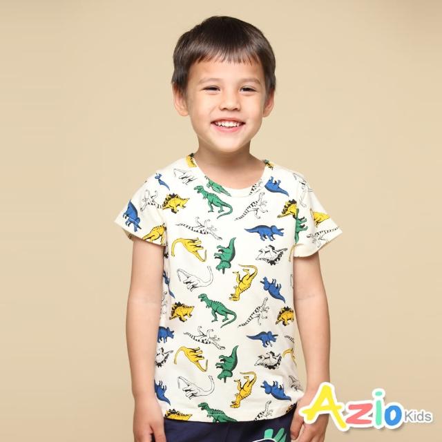 【Azio Kids 美國派】男童 上衣 滿版彩色恐龍印花短袖上衣T恤(米白)