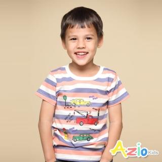 【Azio Kids 美國派】男童 上衣 汽車號誌印花彩色配條短袖上衣T恤(粉)
