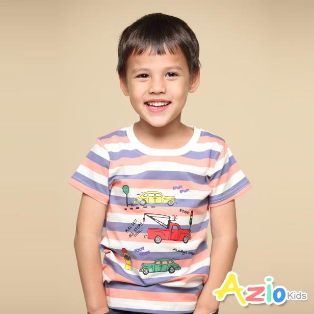 【Azio Kids 美國派】男童 上衣 汽車號誌印花彩色配條短袖上衣T恤(粉)