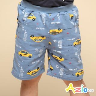 【Azio Kids 美國派】男童 短褲 滿版黃色汽車印花棉質休閒短褲(藍)