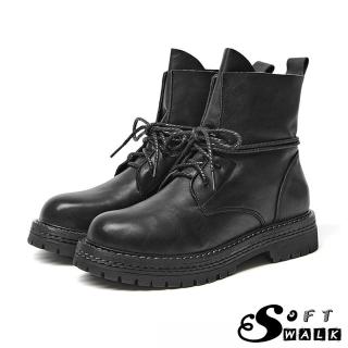【SOFT WALK 舒步】真皮馬丁靴 綁帶馬丁靴/真皮手工頭層牛皮復古臘繩綁帶造型馬丁靴(黑)