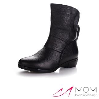 【MOM】真皮中筒靴 低跟中筒靴/真皮甜美大蝴蝶結後幫低跟中筒靴(黑)