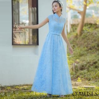 【OMUSES】蕾絲刺繡藍色旗袍長禮服7-2113(S-3L)