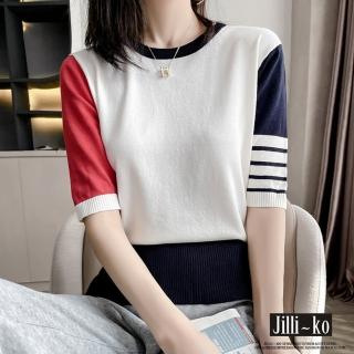 【JILLI-KO】買一送一 春夏圓領配色拼接短袖針織衫-F(白/灰)