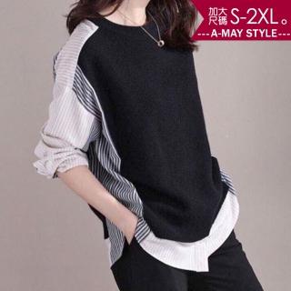 【艾美時尚】女裝 中大尺碼 上衣 假兩件拼接條紋寬鬆襯衫。S-2XL(條紋)
