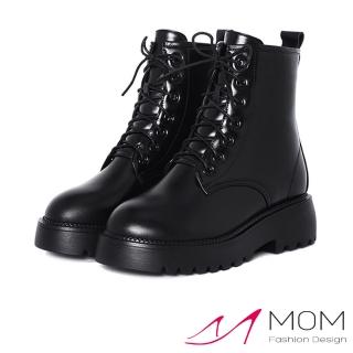 【MOM】真皮馬丁靴 短筒馬丁靴/真皮保暖機能經典英倫風厚底粗跟短筒馬丁靴(黑)