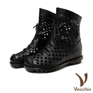 【Vecchio】真皮短靴 內增高短靴 低跟短靴/真皮頭層牛皮縷空洞洞抽繩綁帶造型舒適內增高低跟短靴(黑)