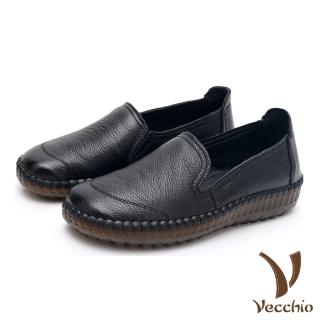 【Vecchio】真皮頭層牛皮復古手工縫線舒適軟底樂福鞋(黑)