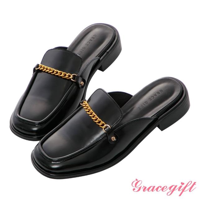 【Grace Gift】金屬鍊條低跟穆勒鞋(黑)