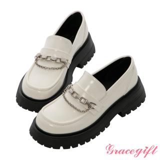 【Grace Gift】金屬鍊鋸齒厚底樂福鞋(白漆)