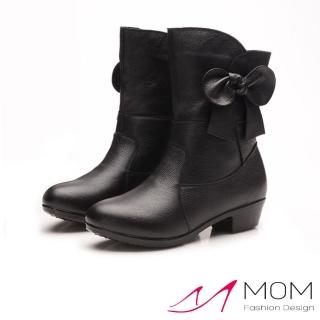 【MOM】真皮中筒靴 粗跟中筒靴/真皮頭層牛皮優雅立體蝴蝶結造型粗跟中筒靴(黑)