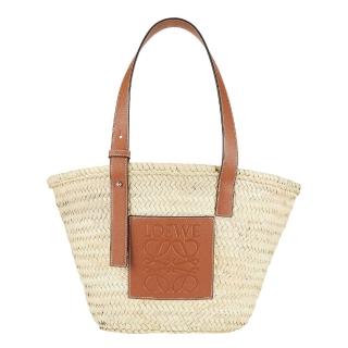 【LOEWE 羅威】Medium Basket 中款 棕櫚葉拼小牛皮 托特包 編織包 草編包 原色/棕褐色