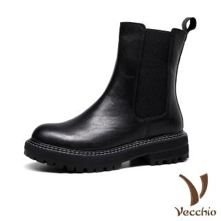 【Vecchio】真皮短靴 牛皮短靴 厚底短靴/全真皮頭層牛皮經典時尚切爾西短靴(黑)