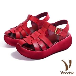 【Vecchio】全真皮頭層牛皮經典編織縷空魔鬼黏復古厚底羅馬涼鞋(紅)