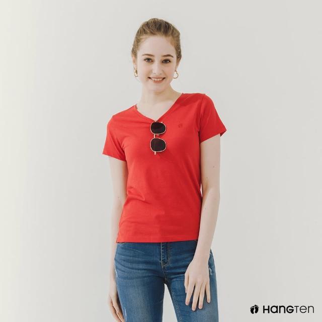 【Hang Ten】女裝-BCI純棉經典腳丫V領短袖T恤(紅)