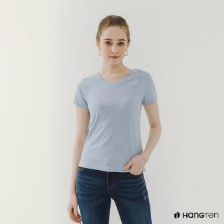【Hang Ten】女裝-BCI純棉經典腳丫V領短袖T恤(花紗藍)
