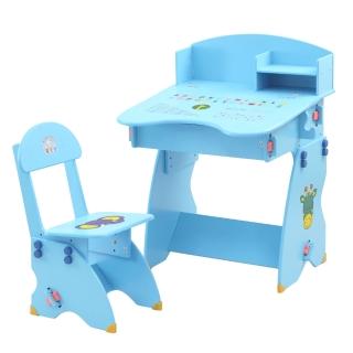 【EMC】簡易書架防夾手木質兒童升降成長書桌椅(水藍)