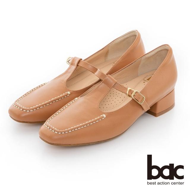 【bac】復古方頭馬克線T字瑪莉珍粗跟鞋(淺棕色)