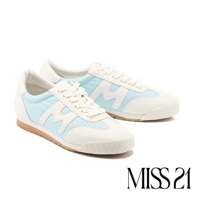 【MISS 21】美式復古M字拼接綁帶厚底休閒鞋(藍)