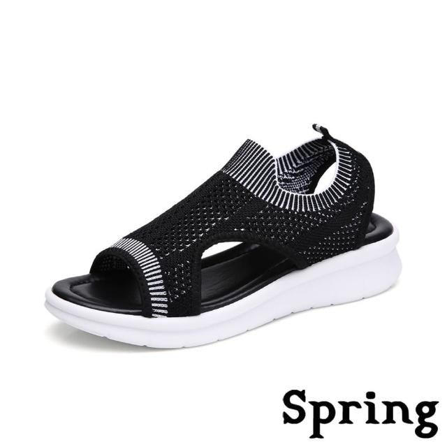 【SPRING】彈力撞色飛織舒適輕量厚底涼鞋(黑)