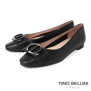 【TINO BELLINI 貝里尼】法式優雅圓環飾蝴蝶結牛皮平底鞋FSBT0008(黑)