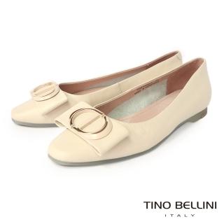 【TINO BELLINI 貝里尼】法式優雅圓環飾蝴蝶結牛皮平底鞋FSBT0008(米)