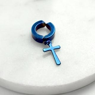 【men life】男生耳環 藍極光小十字架鋼耳夾(夾式耳環)