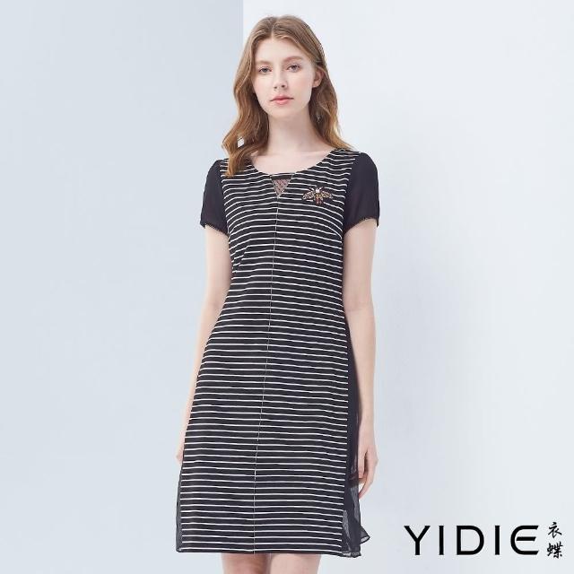 【YIDIE 衣蝶】黑白條紋側網紗短洋裝-黑