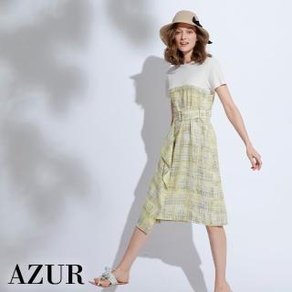 【AZUR】野餐格紋拼接綁帶洋裝