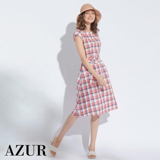 【AZUR】優雅OL繫帶格紋洋裝-2色
