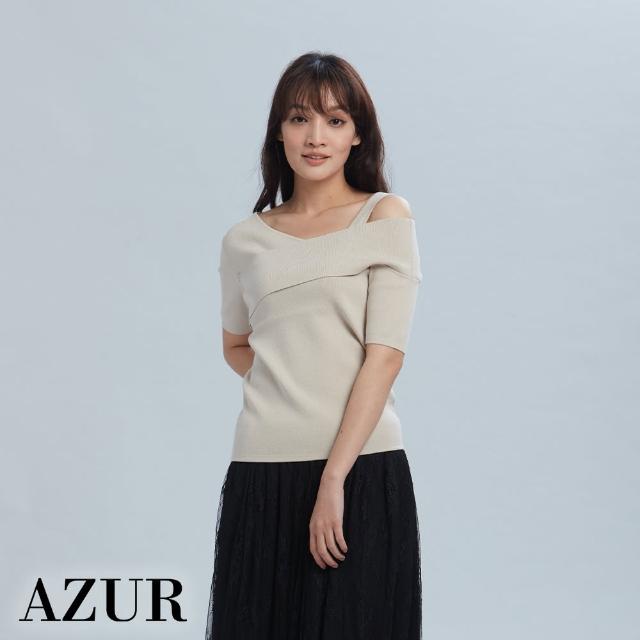 【AZUR】單肩斜領造型針織短袖上衣-3色