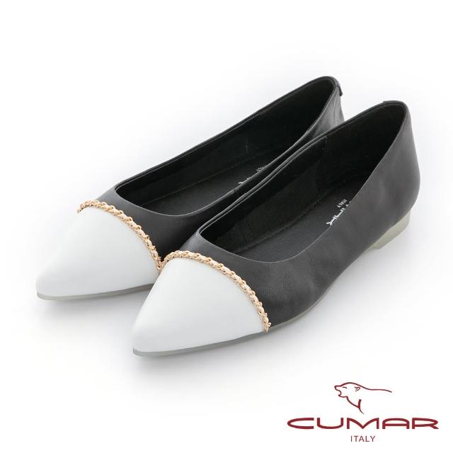 【CUMAR】拚色尖頭鏈條裝飾平底鞋(黑)