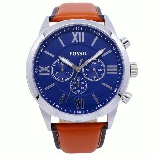 【FOSSIL】FOSSIL 美國最受歡迎頂尖運動時尚三眼計時皮革腕錶-藍+咖啡-BQ2125IE