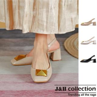 【J&H collection】淺口包頭扣飾粗跟高跟鞋(現+預 白色／卡其色／黑色)