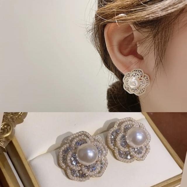 【Emi 艾迷】韓系 華麗復古玫瑰珍珠寶石 925銀針 耳環