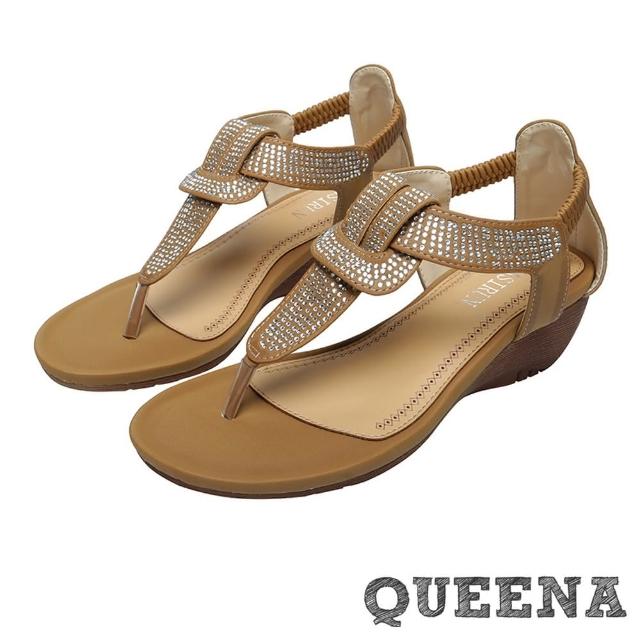 【QUEENA】美鑽繩結燙鑽T字時尚舒適坡跟夾腳涼鞋(棕)