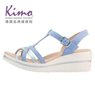 【Kimo】雙色交叉楔型山羊皮繫帶涼鞋 女鞋(矢車菊藍 KBASF167056)