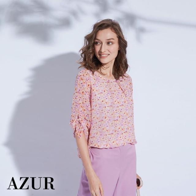 【AZUR】花花綁結袖雪紡上衣-2色