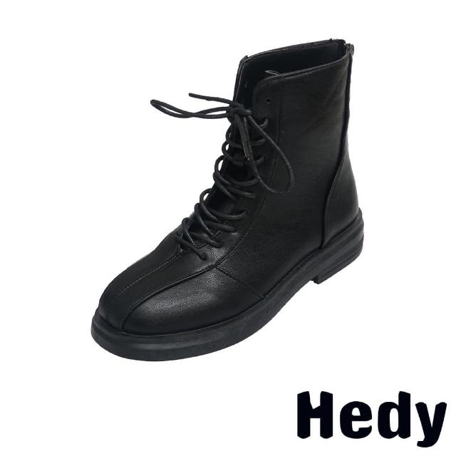 【Hedy】厚底馬丁靴 短筒馬丁靴/復古拼接潮流綁帶短筒馬丁靴(黑)
