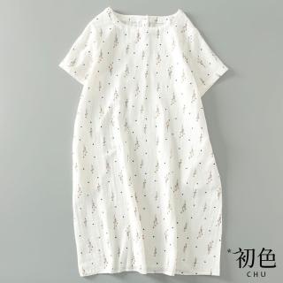 【初色】涼爽透氣休閒文藝寬鬆A字棉麻風連身裙洋裝-白色-61090(M-2XL可選)