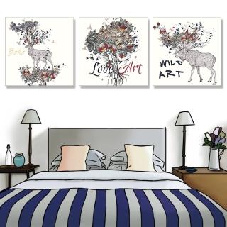 【24mama 掛畫】三聯式 油畫布 藝術 繪畫 插圖 動物 森林 花園 無框畫-60x60cm(花卉麋鹿)