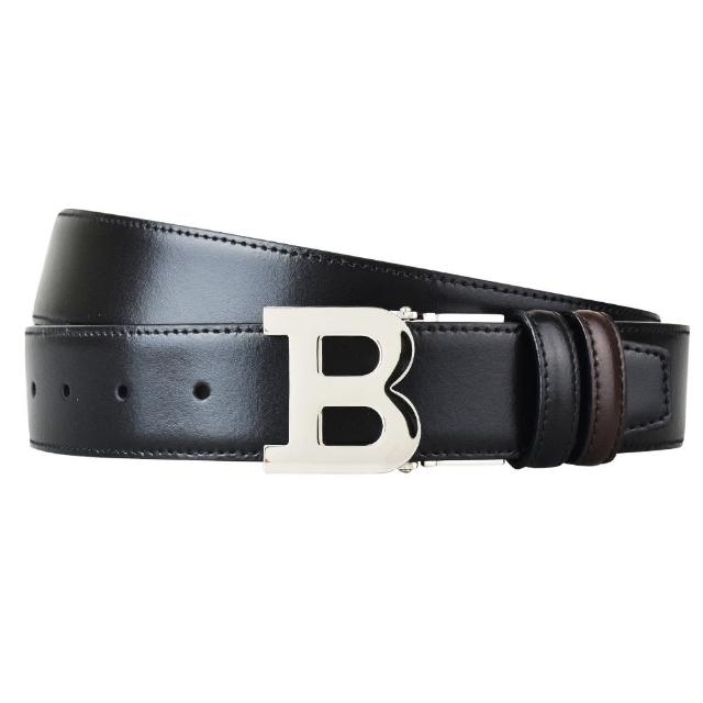 【BALLY】經典大B銀扣雙色35MM寬版皮帶(黑x褐)