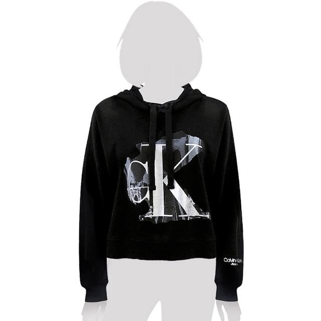【Calvin Klein 凱文克萊】Jeans CK LOGO長袖短版連帽上衣-黑色(L/XL號)